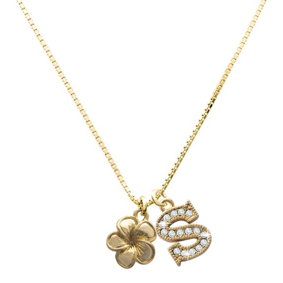 Delight Jewelry Gold-tone Plumeria Flower - Large Goldtone Crystal Initial - S - Charm Necklace, 17.5"+2"