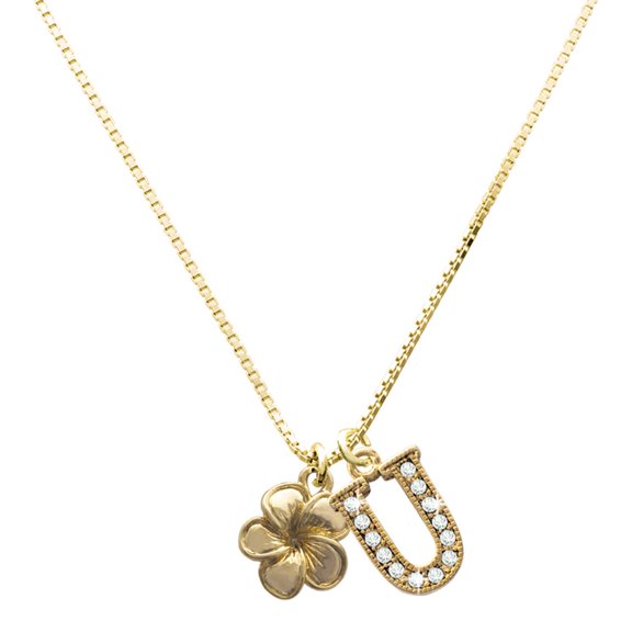 Delight Jewelry Gold-tone Plumeria Flower - Large Goldtone Crystal Initial - U - Charm Necklace, 17.5"+2"