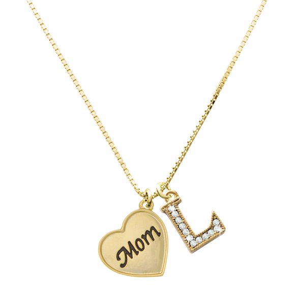 Delight Jewelry Gold-tone Script Mom Heart Charm and Crystal Initial L Charm Necklace, 17.5"+2"