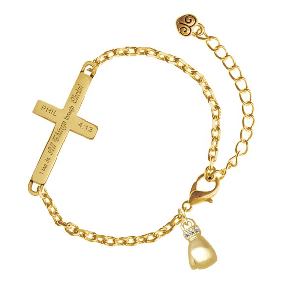 Delight Jewelry Gold-tone Small Boxing Glove - Gold Tone Philipians 4:13 I Do All Things Through Christ Engraved Cross Charm Bracelet, 6.5+1.5" Extender