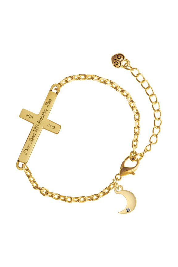 Gold-tone Small Crescent Moon - Gold Tone Jeremiah 31:3 Everlasting Love Engraved Cross Charm Bracelet, 6.5+1.5" Extender