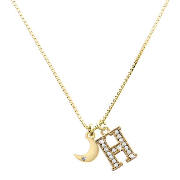 Delight Jewelry Gold-tone Small Crescent Moon - Large Goldtone Crystal Initial - H - Charm Necklace, 17.5"+2"