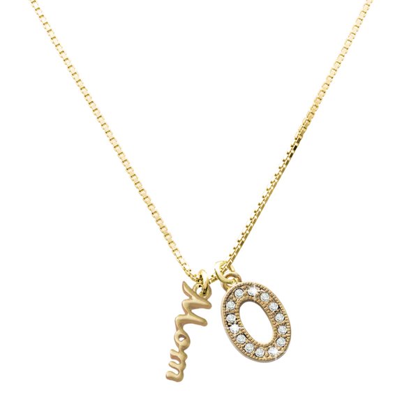 Delight Jewelry Gold-tone Small Mom Script - Large Goldtone Crystal Initial - O - Charm Necklace, 17.5"+2"