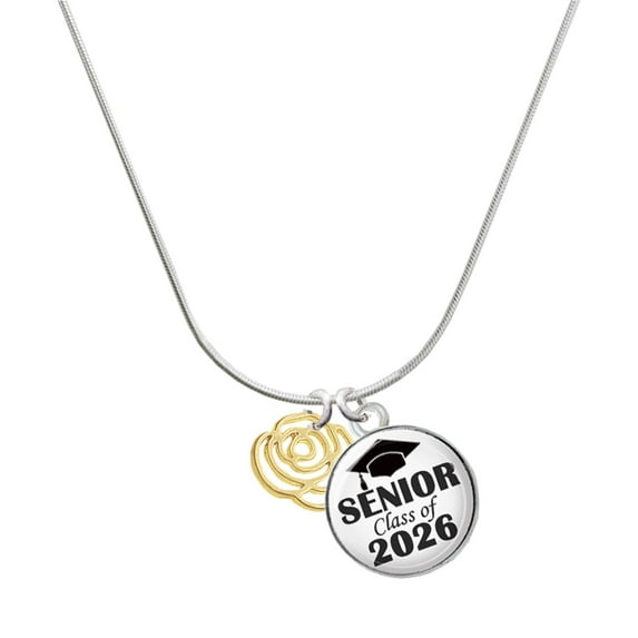 Delight Jewelry Gold-tone Small Rose Outline - Silvertone Senior Class of 2026 Dome Necklace, 18"