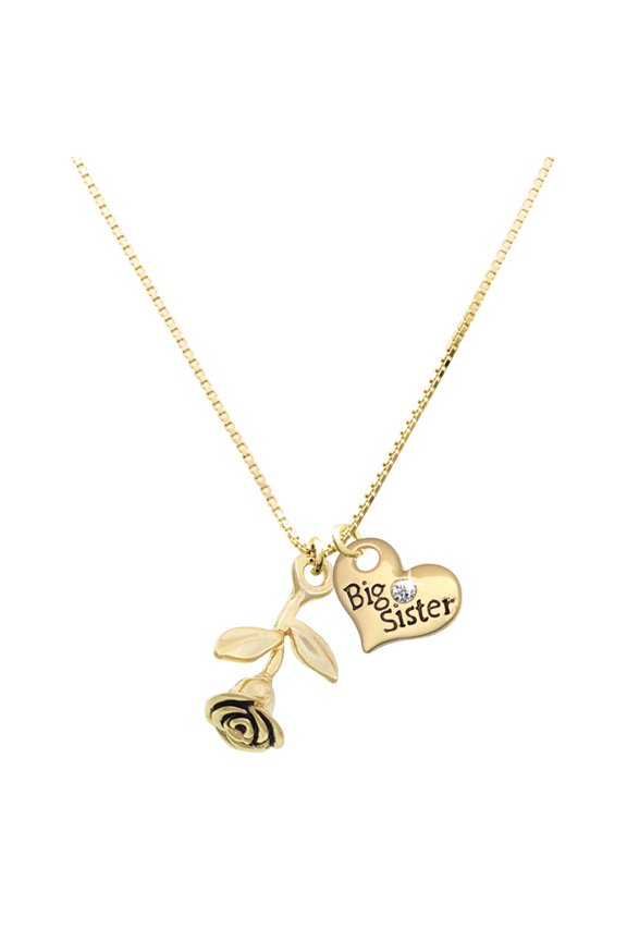 Gold-tone Stemmed Rose - Large Goldtone Big Sister Heart Charm Necklace, 17.5"+2" Extender