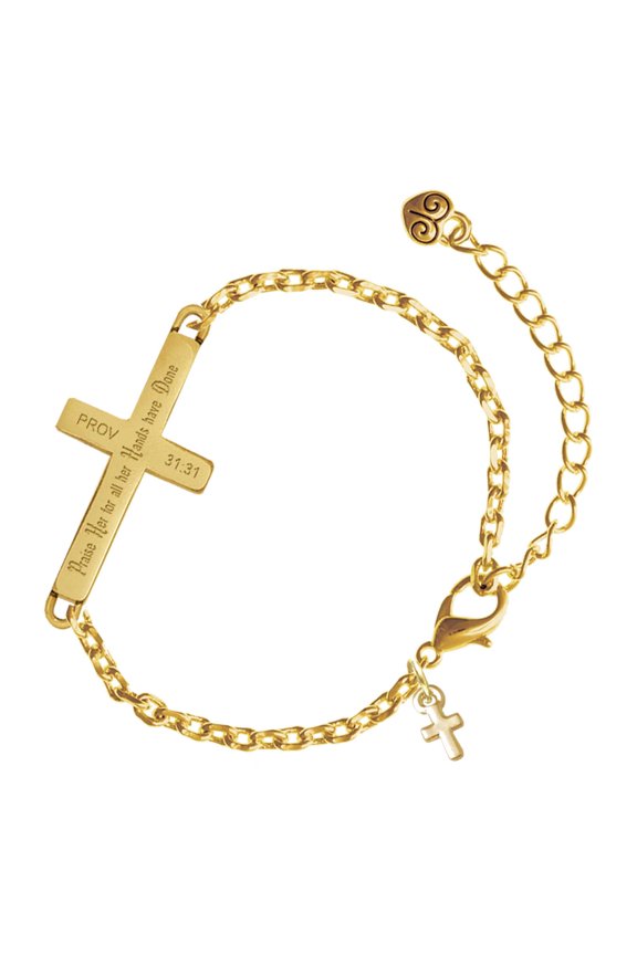 Gold-tone Super Mini Simple Cross - Gold Tone Proverbs 31:31 Praise Her for all Her Hands have Done Engraved Cross Charm Bracelet, 6.5+1.5" Extender