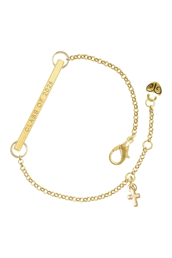Gold-tone Super Mini Simple Cross - Goldtone Class of 2026 Delicate Bar Bracelet, 8.5"