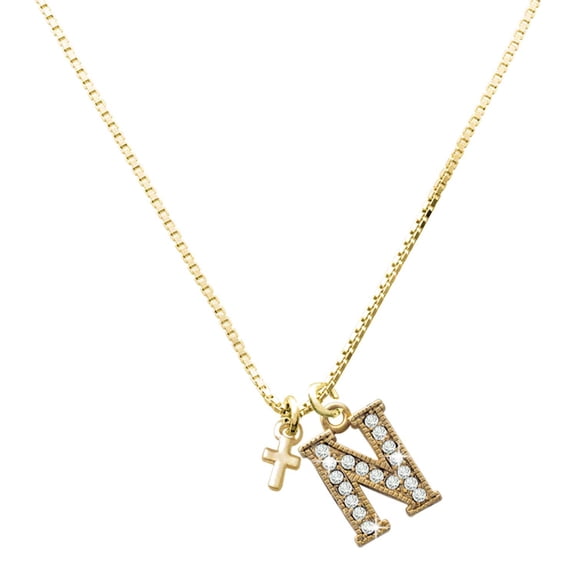 Delight Jewelry Gold-tone Super Mini Simple Cross - Large Goldtone Crystal Initial - N - Charm Necklace, 17.5"+2"