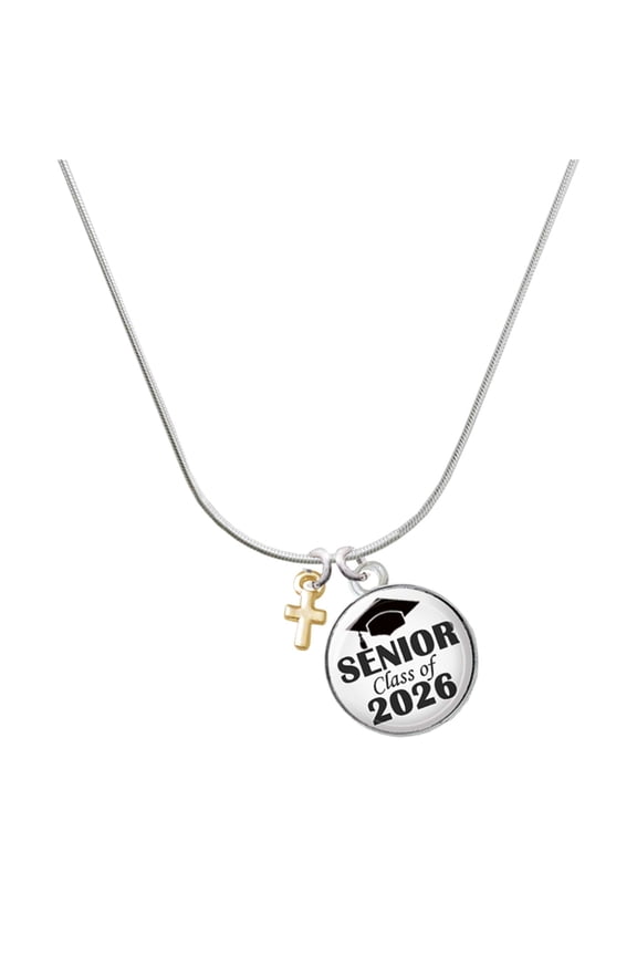 Gold-tone Super Mini Simple Cross - Silvertone Senior Class of 2026 Dome Necklace, 18"