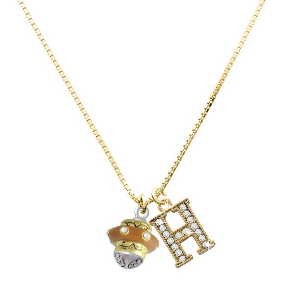 Delight Jewelry Gold-tone Tan Center with Clear Crystals Spinner and Large Crystal Initial H Charm Necklace, 17.5"+2"