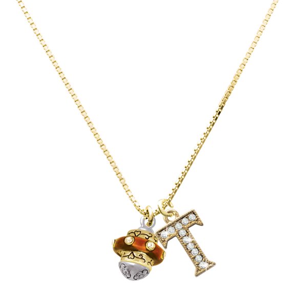 Delight Jewelry Gold-tone Translucent Brown Center with Clear Crystals Spinner - Large Goldtone Crystal Initial - T - Charm Necklace, 17.5"+2"