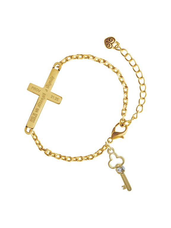 Gold-tone Trefoil Key with Crystals - Gold Tone Proverbs 31:25 She is Clothed with Strength and Dignity Engraved Cross Charm Bracelet, 6.5+1.5" Extender