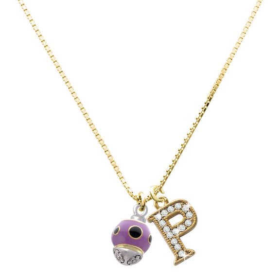 Delight Jewelry Gold-tone Wide Black Dots on Purple Spinner - Large Goldtone Crystal Initial - P - Charm Necklace, 17.5"+2"