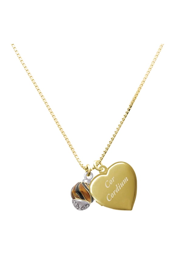 Gold-tone Wide Translucent Tiger Print Spinner - Plated Engraved Cor Cordium Heart Locket Necklace, 17.5"+2" Extender