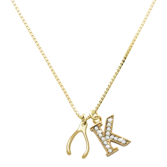 Delight Jewelry Gold-tone Wishbone Charm and Crystal Initial K Charm Necklace, 17.5"+2"