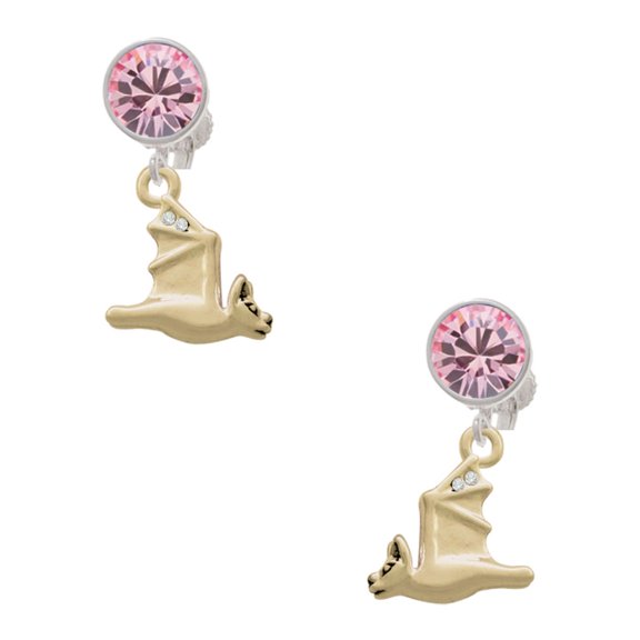 Delight Jewelry Goldtone 3-D Flying Bat with Crystals Pink Crystal Clip on Earrings
