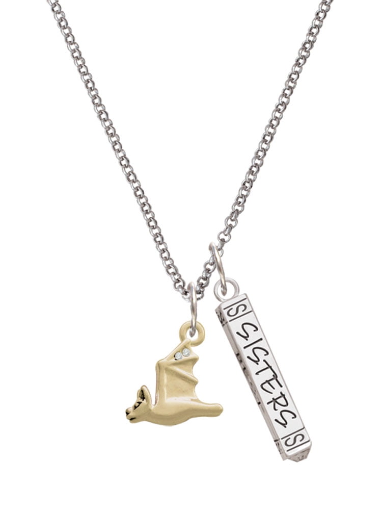 Delight Jewelry Goldtone 3-D Flying Bat with Crystals Silvertone Sisters Best Friends Forever Bar Charm Necklace, 23"