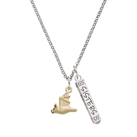 Delight Jewelry Goldtone 3-D Flying Bat with Crystals Silvertone Sisters Best Friends Forever Bar Charm Necklace, 23"