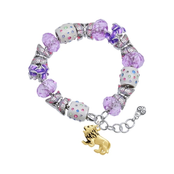 Delight Jewelry Goldtone 3-D Lion Purple Butterfly Bead Charm Bracelet, 7"+1" Extender