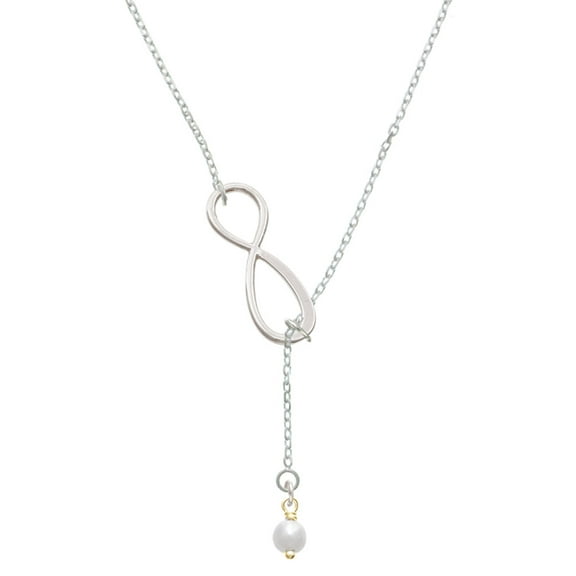 Delight Jewelry Goldtone 6mm Glass Imitation Pearl Bead Drop Silver tone Elegant Infinity Lariat Necklace