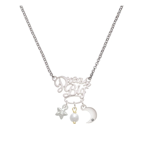 Delight Jewelry Goldtone 6mm Glass Imitation Pearl Bead Drop Silvertone Dream Big Pendant Necklace, 25"