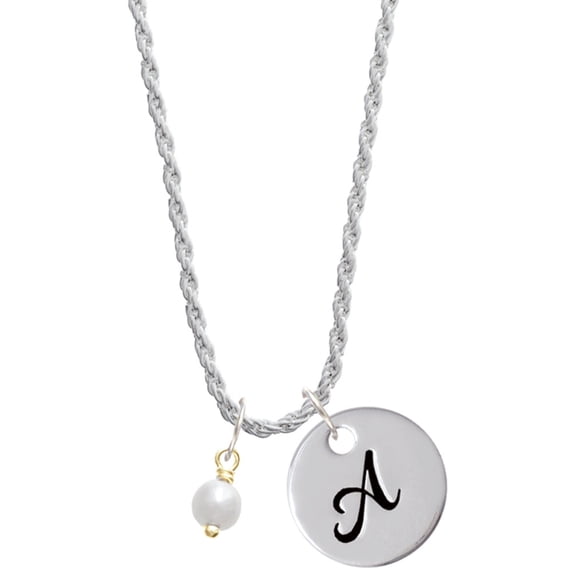 Delight Jewelry Goldtone 6mm Glass Imitation Pearl Bead Drop Silvertone Script Initial Disc - A - Charm Necklace, 20"+3"
