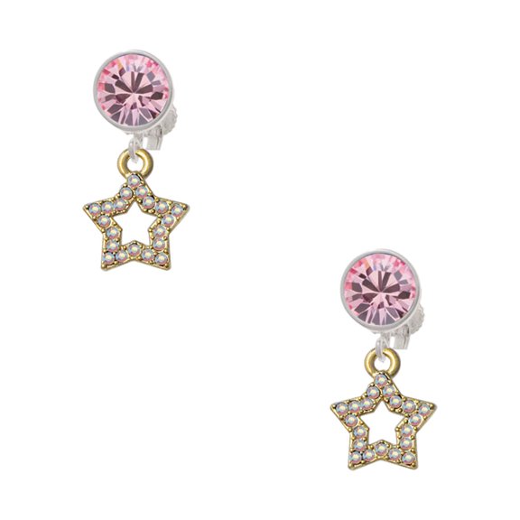 Delight Jewelry Goldtone AB Crystal Lucky Star Pink Crystal Clip on Earrings