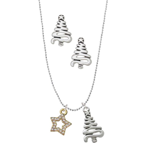 Delight Jewelry Goldtone AB Crystal Lucky Star Silver tone Zig Zag Christmas Tree Charm Necklace and Stud Earrings