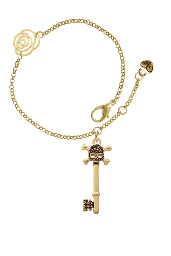 Goldtone Antiqued Beaded Skull Key Gold-tone Rose Link Chain Bracelet, 6.25"+1.75" Extender