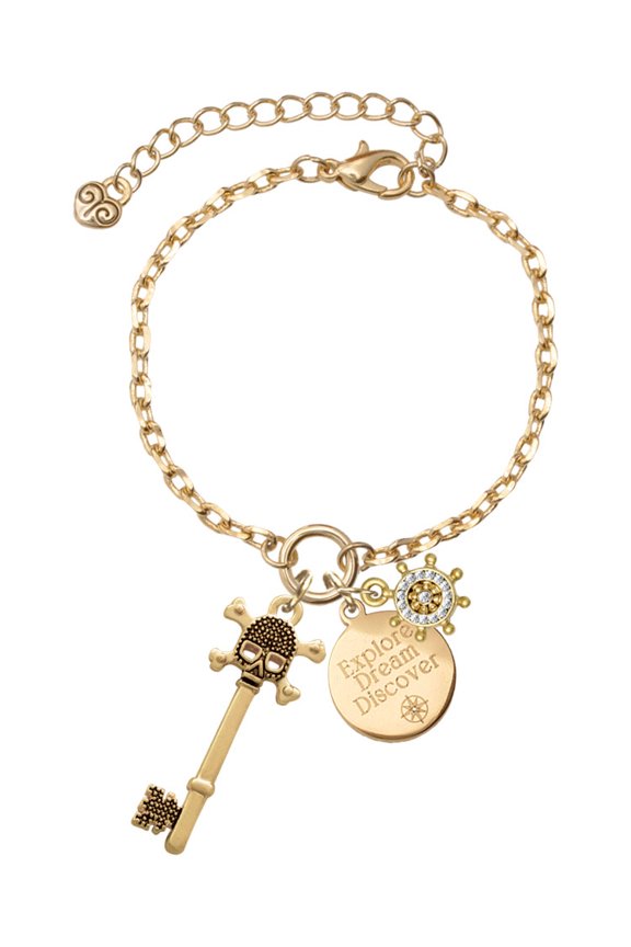 Goldtone Antiqued Beaded Skull Key Goldtone Discover Dream Explore Zoey Charm Bracelet, 6.5+2" Extender