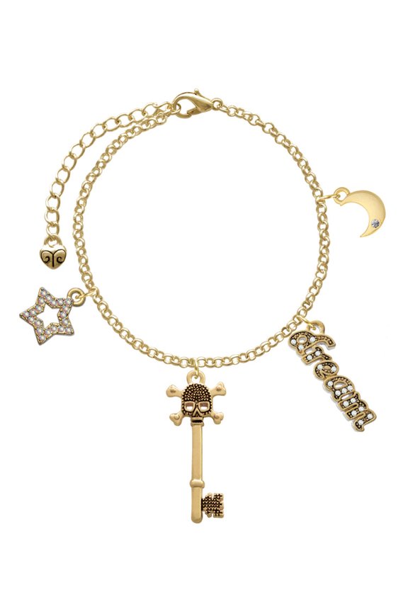 Goldtone Antiqued Beaded Skull Key Goldtone Dream Big Charm Bracelet, 7.5+2" Extender