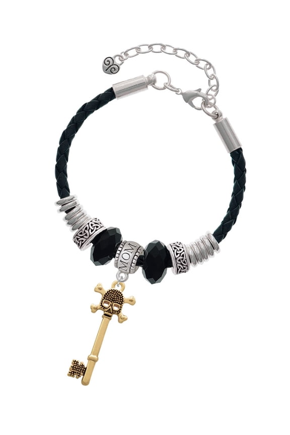 Goldtone Antiqued Beaded Skull Key Mom Celtic Knot Leather Bead Bracelet, 7"+2" Extender