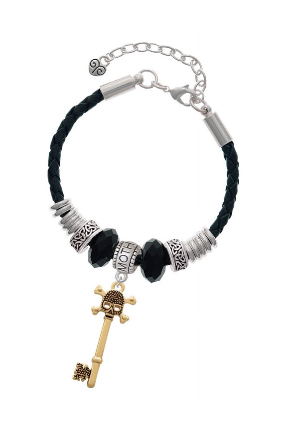 Goldtone Antiqued Beaded Skull Key Mother Celtic Knot Leather Bead Bracelet, 7"+2" Extender