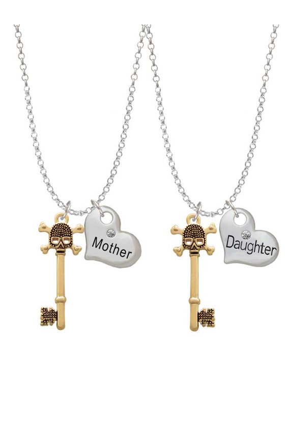 Goldtone Antiqued Beaded Skull Key Mother & Daughter Heart Necklaces (Set of 2), 19"+2"