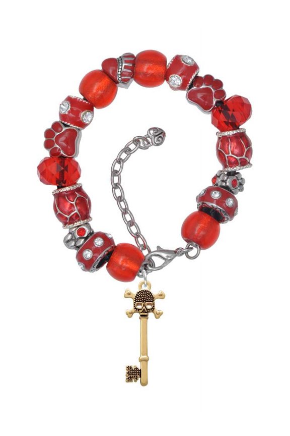 Goldtone Antiqued Beaded Skull Key Red Paw Print Bead Bracelet, 7"+2"