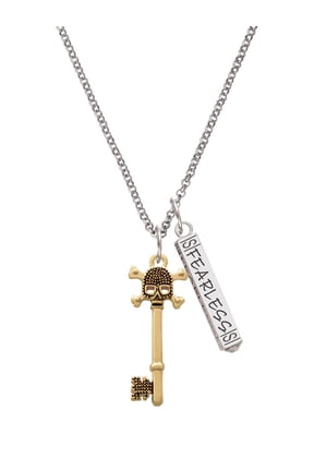 Goldtone Antiqued Beaded Skull Key Silvertone Fearless Bar Charm Necklace, 23"