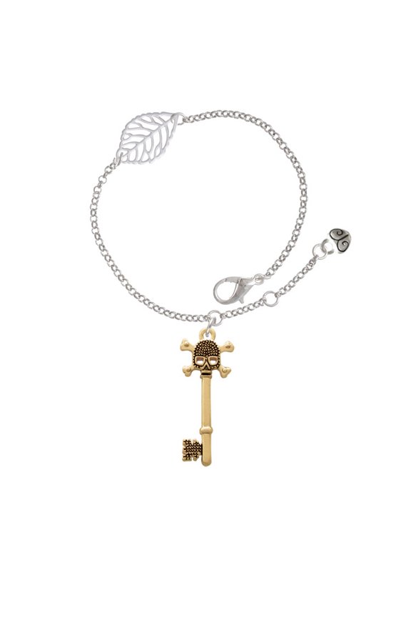 Goldtone Antiqued Beaded Skull Key - Silvertone Leaf Delicate Bracelet, 6.25+1.75"
