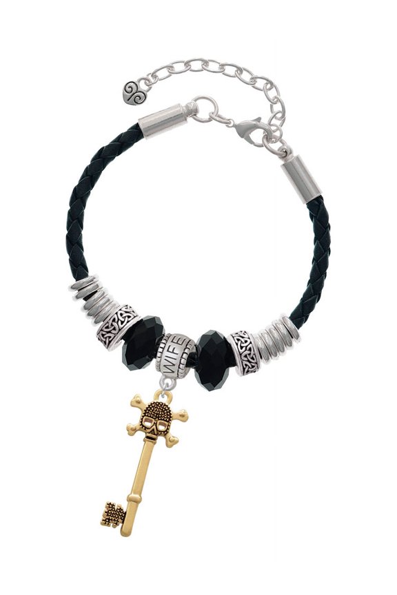 Goldtone Antiqued Beaded Skull Key Wife Celtic Knot Leather Bead Bracelet, 7"+2" Extender
