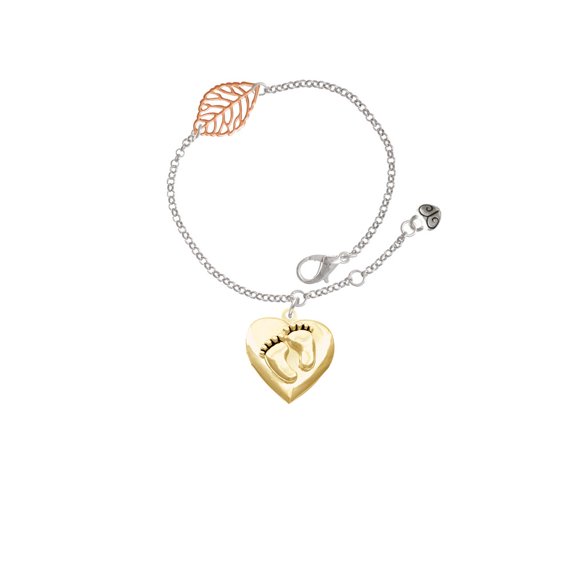 Delight Jewelry Goldtone Baby Feet Heart Locket - Rose Goldtone Leaf Delicate Bracelet, 6.25+1.75"