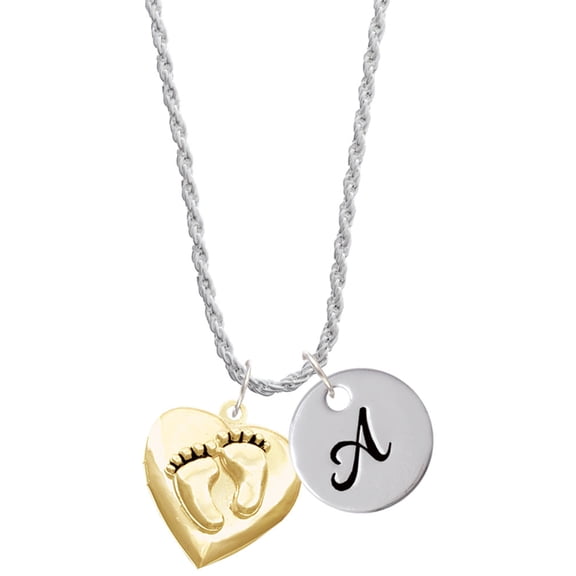 Delight Jewelry Goldtone Baby Feet Heart Locket Silvertone Script Initial Disc - A - Charm Necklace, 20"+3"