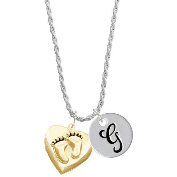 Delight Jewelry Goldtone Baby Feet Heart Locket Silvertone Script Initial Disc - G - Charm Necklace, 20"+3"