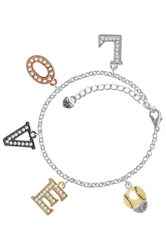 Goldtone Baseball/Softball Spinner Multi-Colored Crystal Love Charm Bracelet