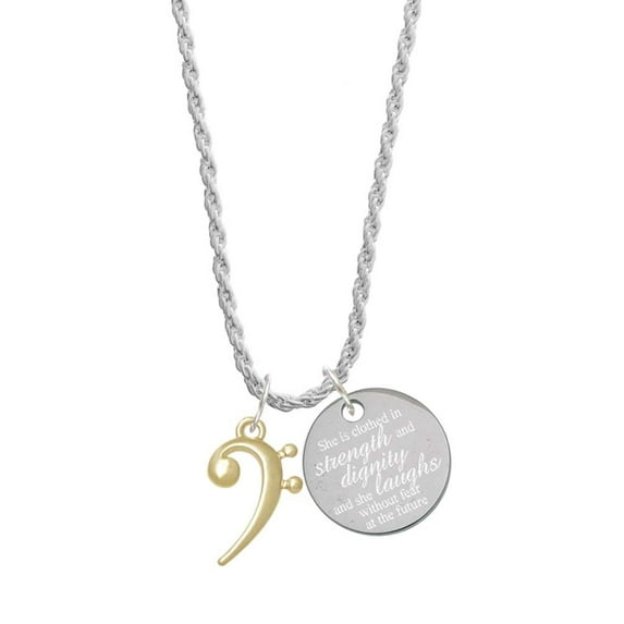 Delight Jewelry Goldtone Bass Clef She is Clothed in Stength and Dignity Charm Necklace, 20"+3"