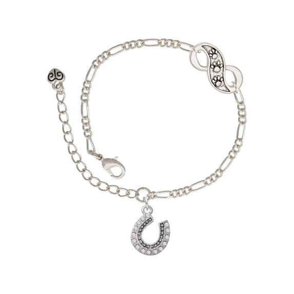 Delight Jewelry Silver Plated Beaded Clear Crystal Horseshoe with Good Luck Silver-tone Paw Infinity Link Chain Bracelet, 6"+2" Extender