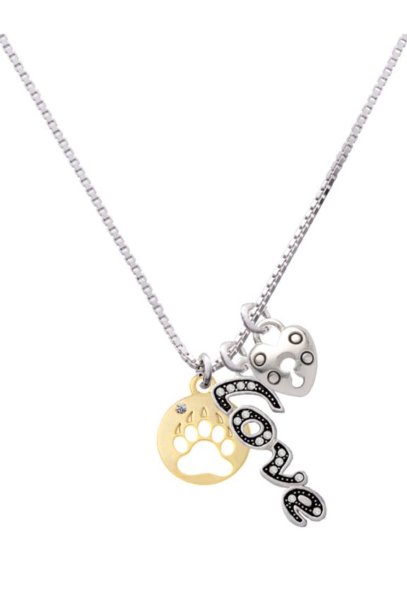 Goldtone Bear Paw Silhouette - Love and Lock Charm Necklace, 18"+1"