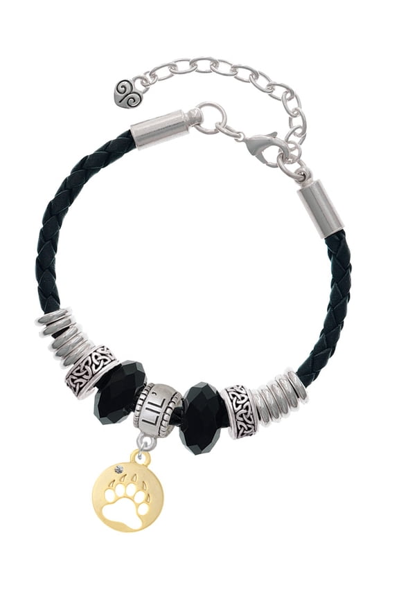 Goldtone Bear Paw Silhouette Middle Sister Celtic Knot Leather Bead Bracelet, 7"+2" Extender