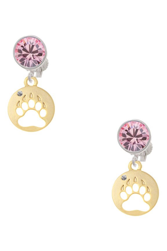 Goldtone Bear Paw Silhouette Pink Crystal Clip on Earrings