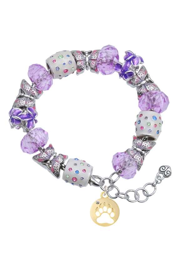 Goldtone Bear Paw Silhouette Purple Butterfly Bead Charm Bracelet, 7"+1" Extender