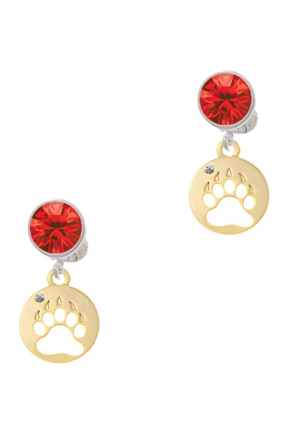 Goldtone Bear Paw Silhouette Red Crystal Clip on Earrings