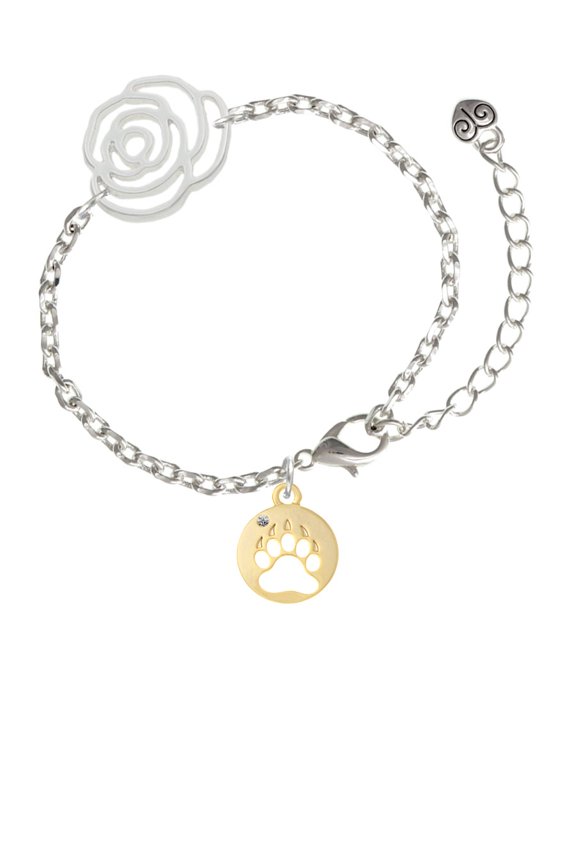 Goldtone Bear Paw Silhouette Silver-tone Flower Link Chain Bracelet, 6.75"+2" Extender